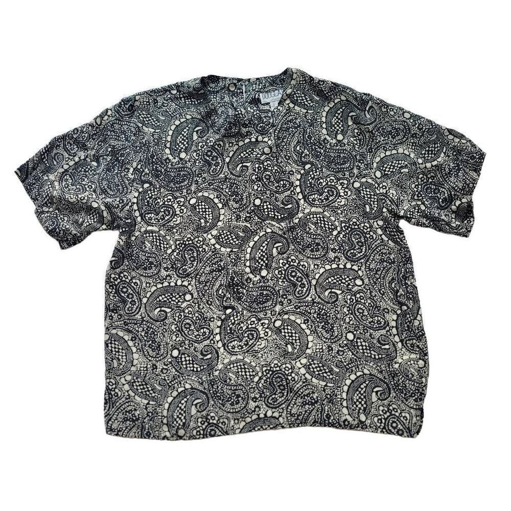 Vintage Douglass womens Sz M black white Paisley 100% silk top
